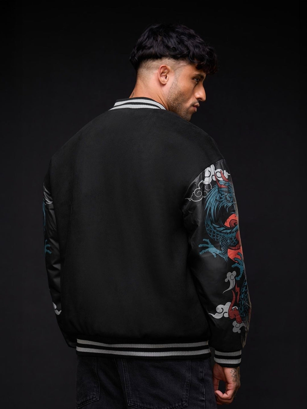 A OVERSIZED FIT Bomber Jacket | Bomber Jacket: Dragon MENS Bomber Jackets | PREMIUM SCUBA SUEDE FABRIC (The Souled Store)