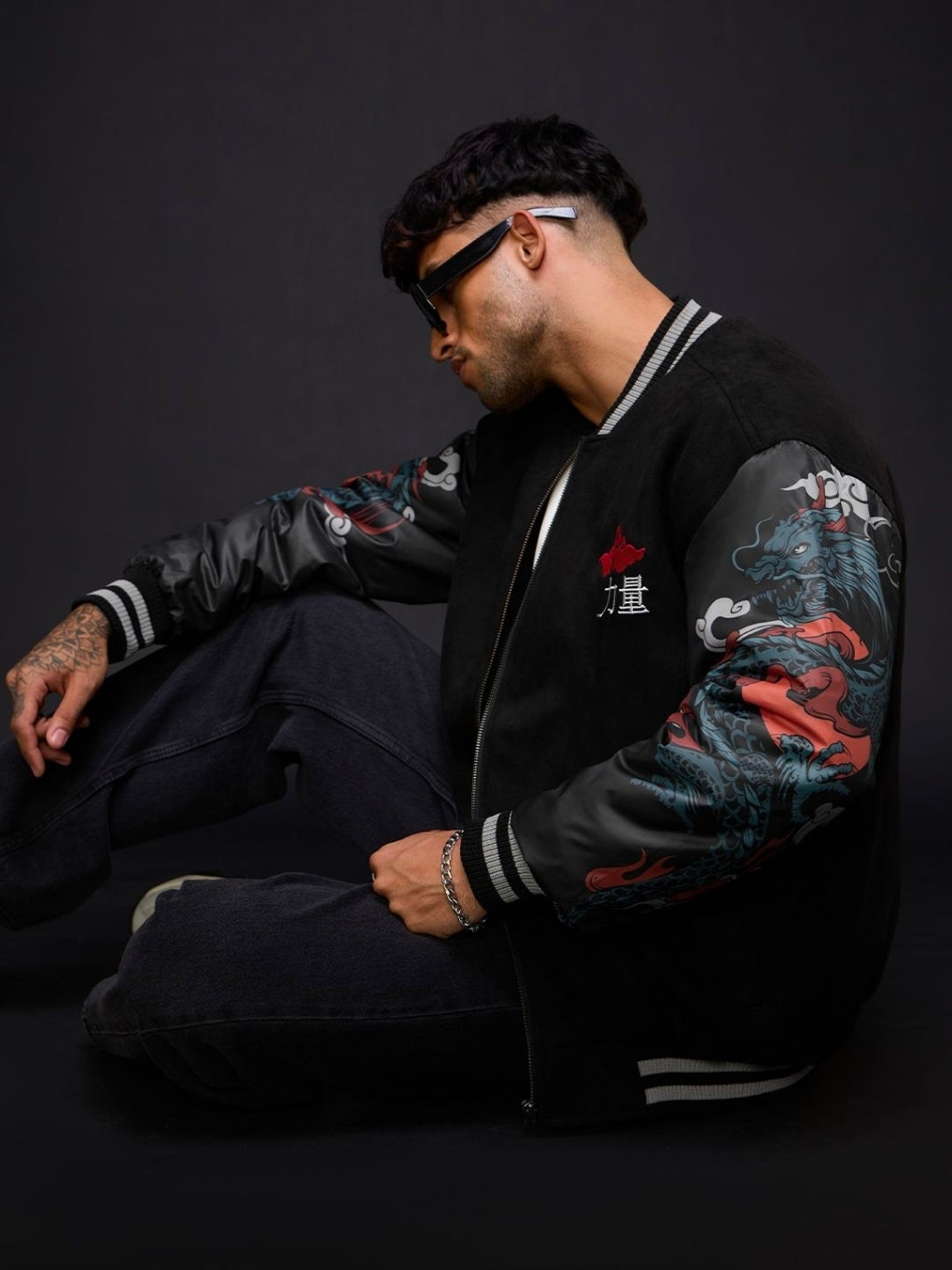 A OVERSIZED FIT Bomber Jacket | Bomber Jacket: Dragon MENS Bomber Jackets | PREMIUM SCUBA SUEDE FABRIC (The Souled Store)