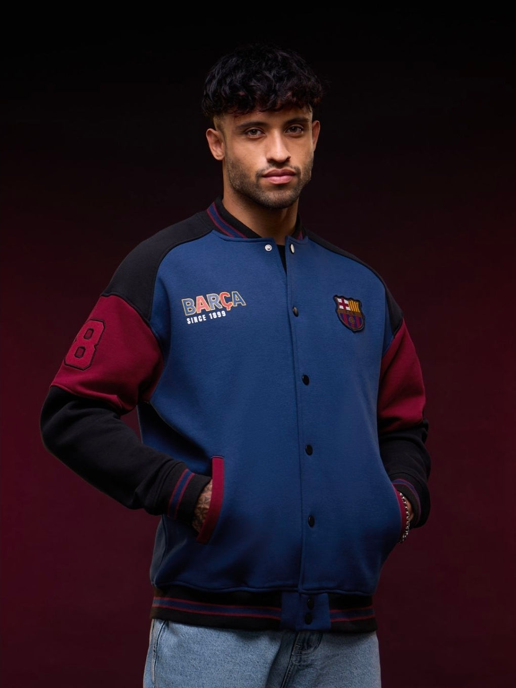 A OVERSIZED FIT Varsity Jackets | FC Barcelona: Barca MENS Varsity Jackets | PREMIUM HEAVY FLEECE (The Souled Store)