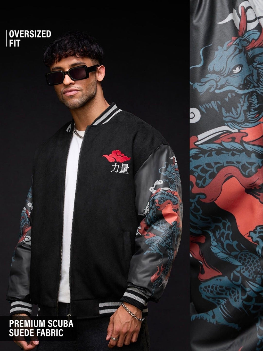 A OVERSIZED FIT Bomber Jacket | Bomber Jacket: Dragon MENS Bomber Jackets | PREMIUM SCUBA SUEDE FABRIC (The Souled Store)